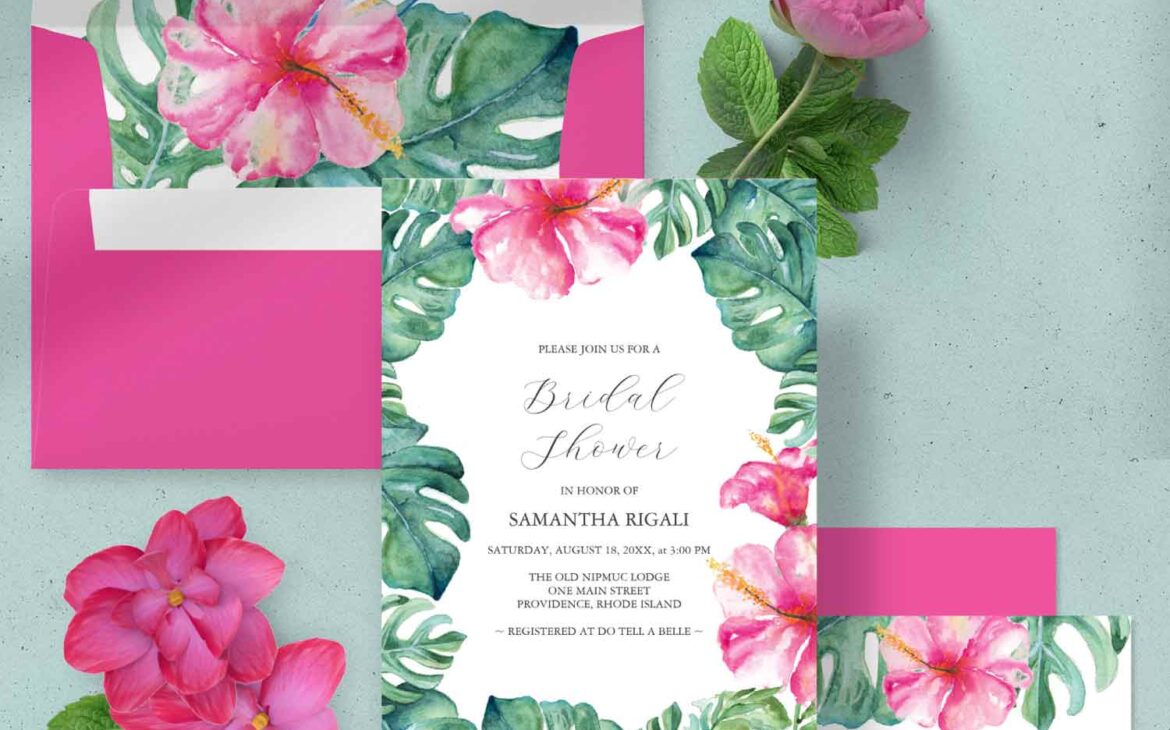 Watercolor Monstera and Hibiscus Bridal Shower Invitations