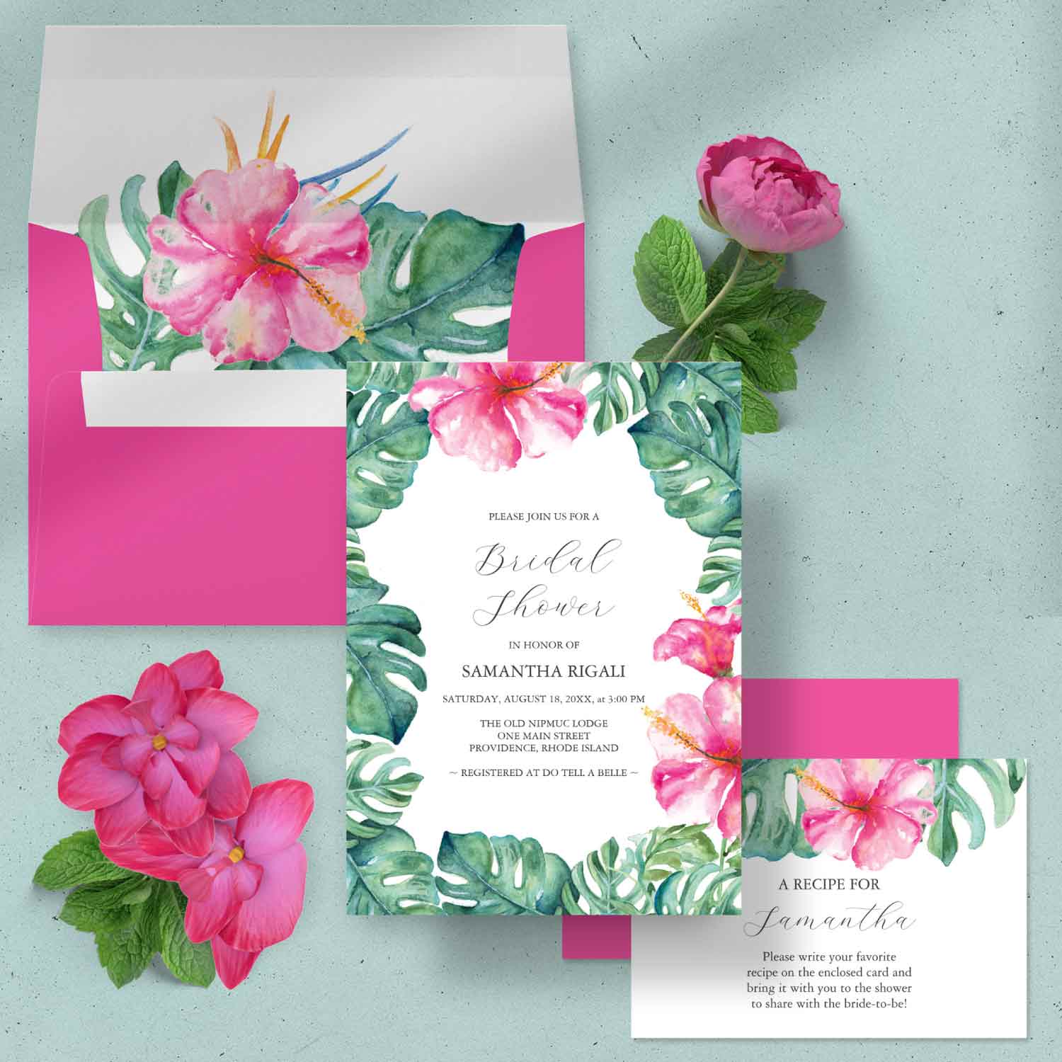 Bridal shower invitations and stationery feature vibrant pink hibiscus flowers and monstera palm leaves. Click to explore the complete theme. 