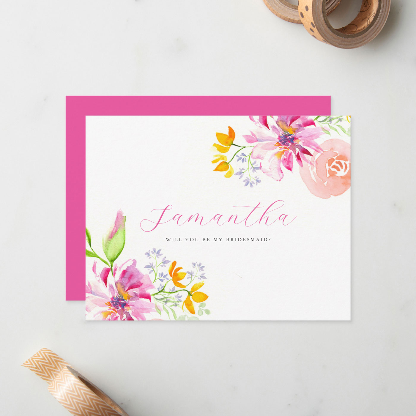 Bridesmaid proposal cards feature watercolor floral are in shades of pink, lavender and orange by Victoria Grigaliunas. Click the image to shop the complete theme. 
