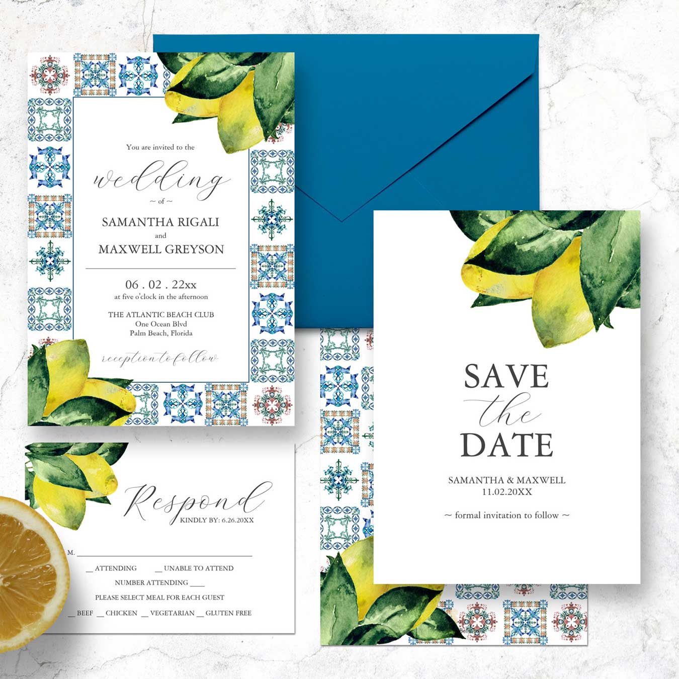 Destination wedding invitations Italian Amalfi tile and watercolor lemon art by Victoria Grigaliunas of Do Tell A Belle. Click to shop the complete line.