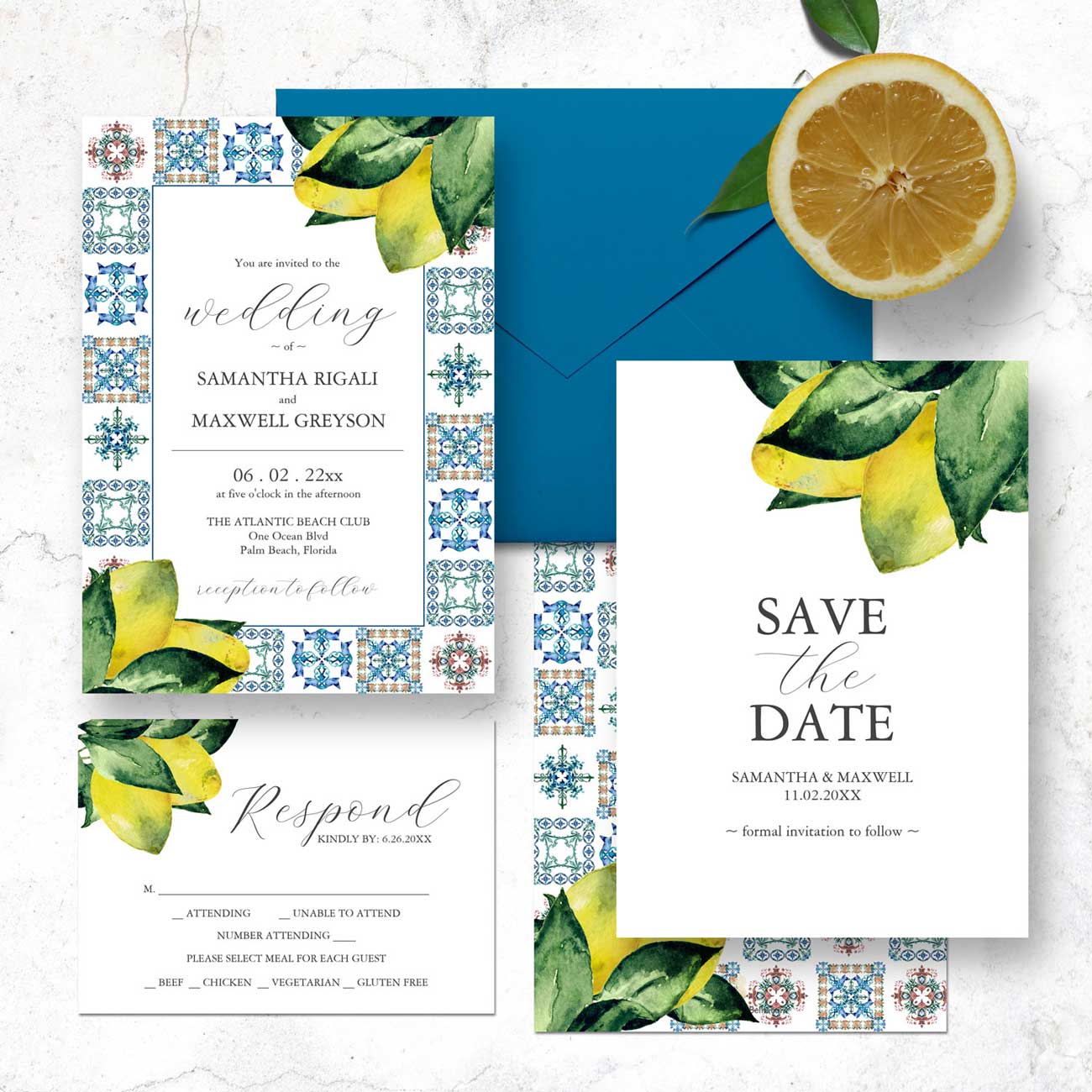 Elegant wedding invitations feature Amalfi inspired tile art with watercolor lemons by Victoria Grigaliunas of Do Tell A Belle. Click to shop the complete line.