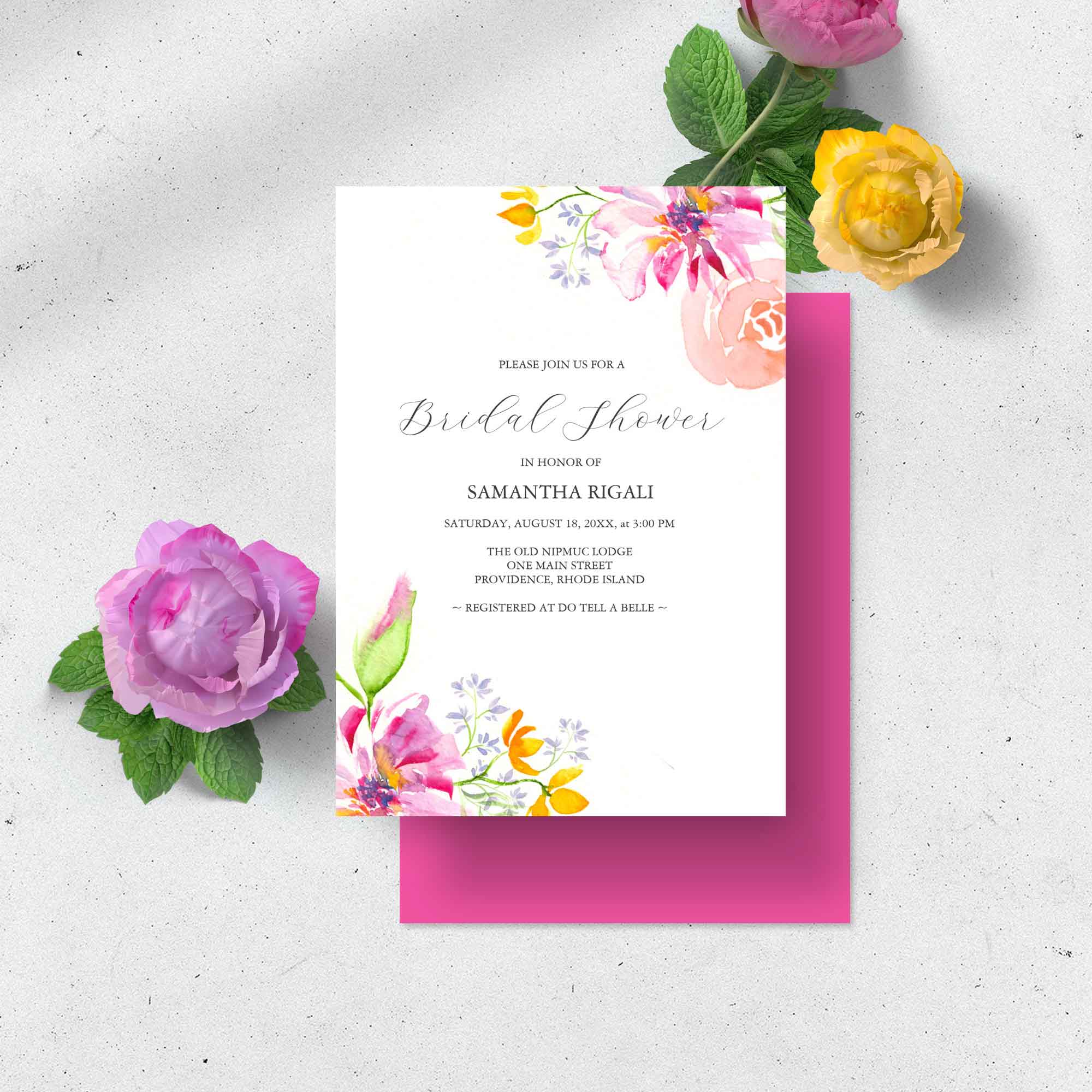 Unique floral bridal shower invitations feature unique watercolor multicolor flowers by Victoria Grigaliunas.