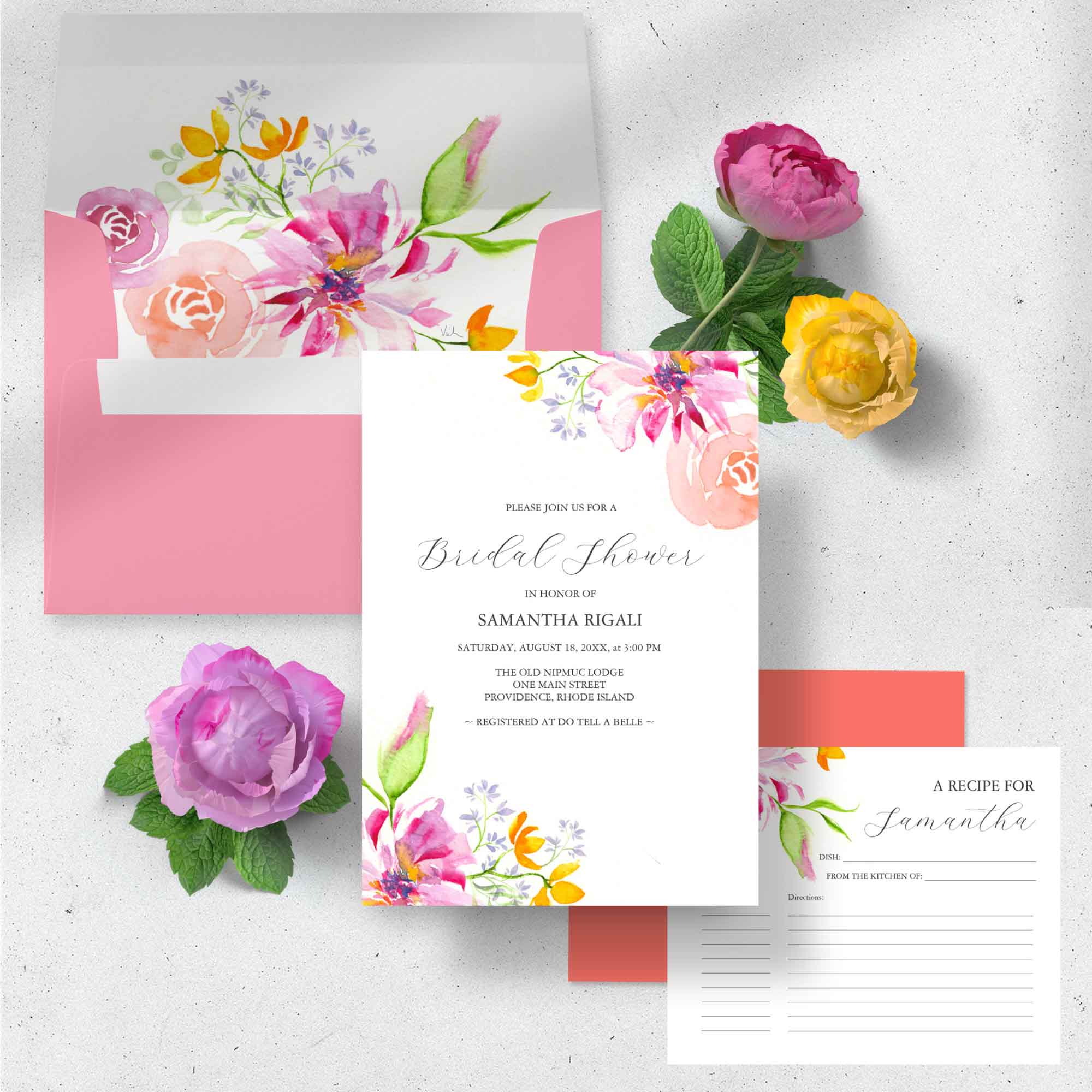 Floral bridal shower invitations and stationery theme features unique watercolor art by Victoria Grigaliunas of Do Tell A Belle. Click to shop the complete theme. 
