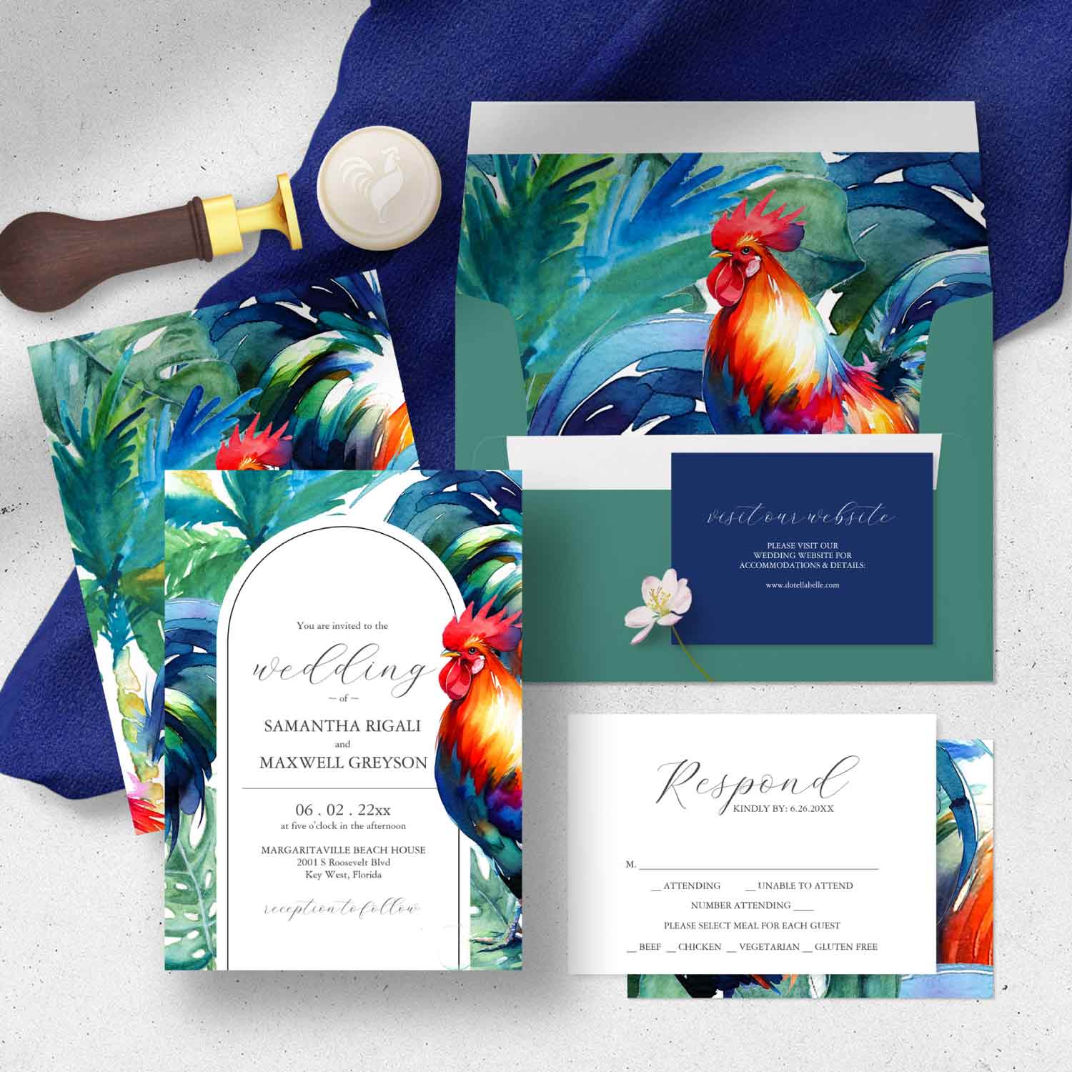 Florida keys wedding invitations theme features a watercolor rooster in vibrant shades of green and blue with a splash of red.