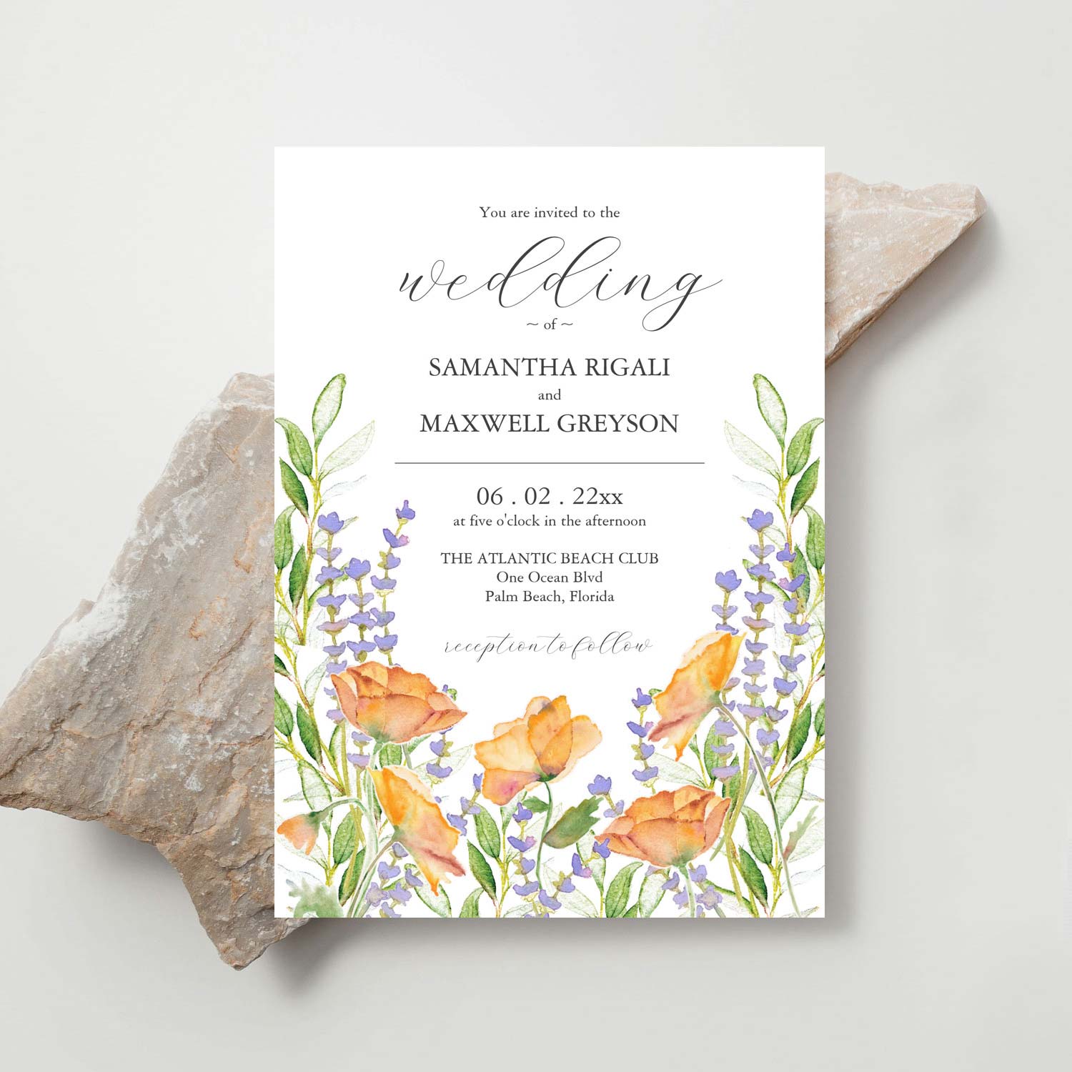 Garden wedding invitation theme features watercolor flowers in shades of orange and lavender with green leaves. Unique art by Victoria Grigaliunas of Do Tell A Belle. Click to shop the complete stationery suite. 