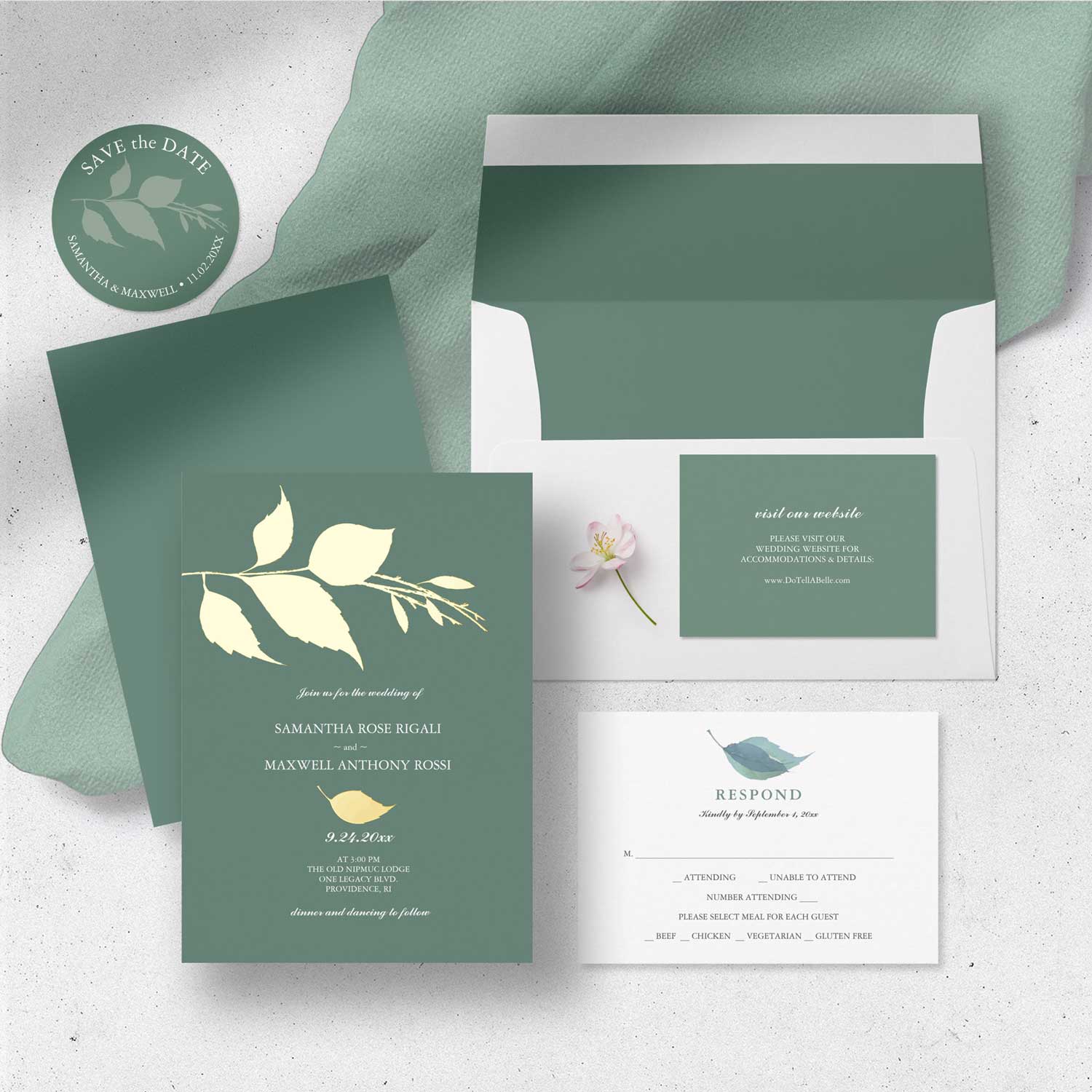 Green wedding invitation theme. Click to see more from this suite on Zazzle.