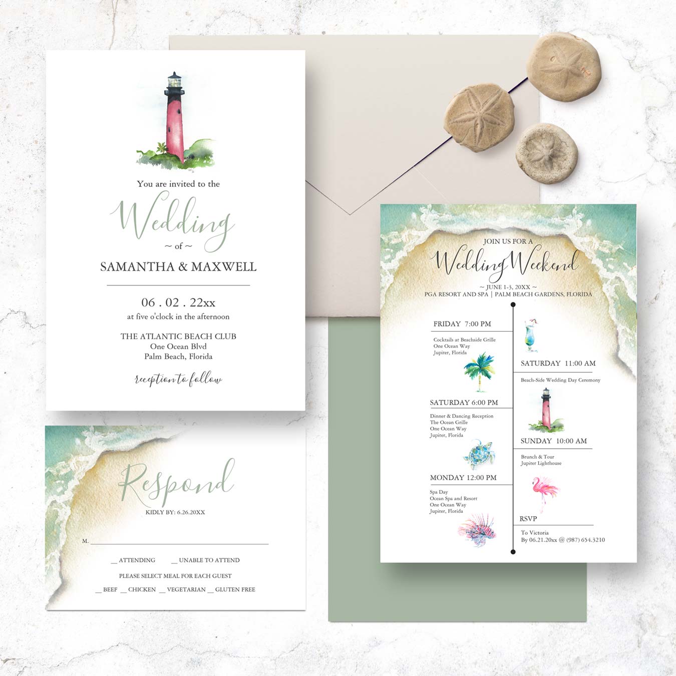 Jupiter lighthouse wedding invitation theme features unique watercolor art by Victoria Grigaliunas of Do Tell A Belle. Tap the image to shop the full line.