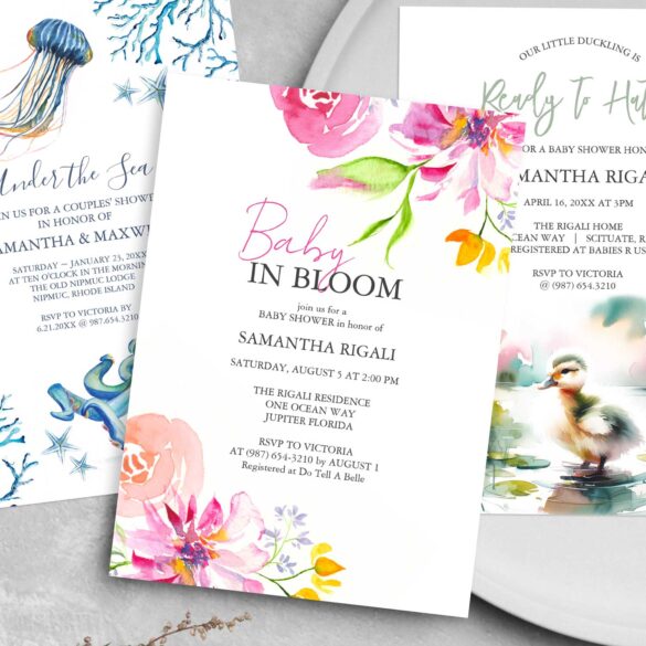Printable baby shower invitations feature unique watercolor art and design by Victoria Grigaliunas of Do Tell A Belle. Click to download yours.