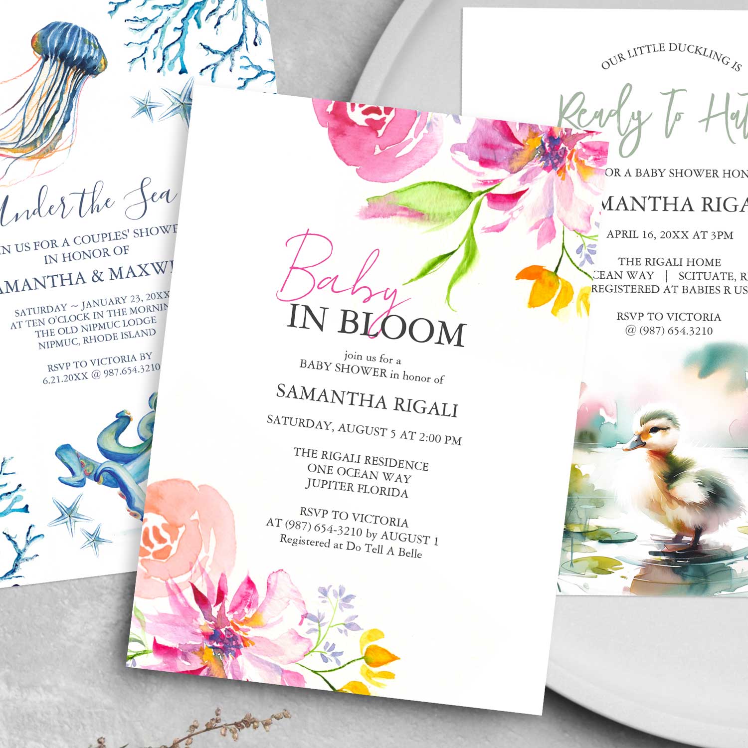 Printable baby shower invitations feature unique watercolor art and design by Victoria Grigaliunas of Do Tell A Belle. Click to download yours.