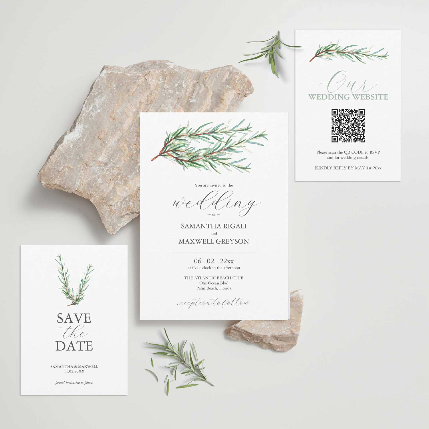 Wedding stationery features watercolor rosemary botanical art by Victoria Grigaliunas of Do Tell A Belle. Click to shop this theme in printed cards or a printable file.