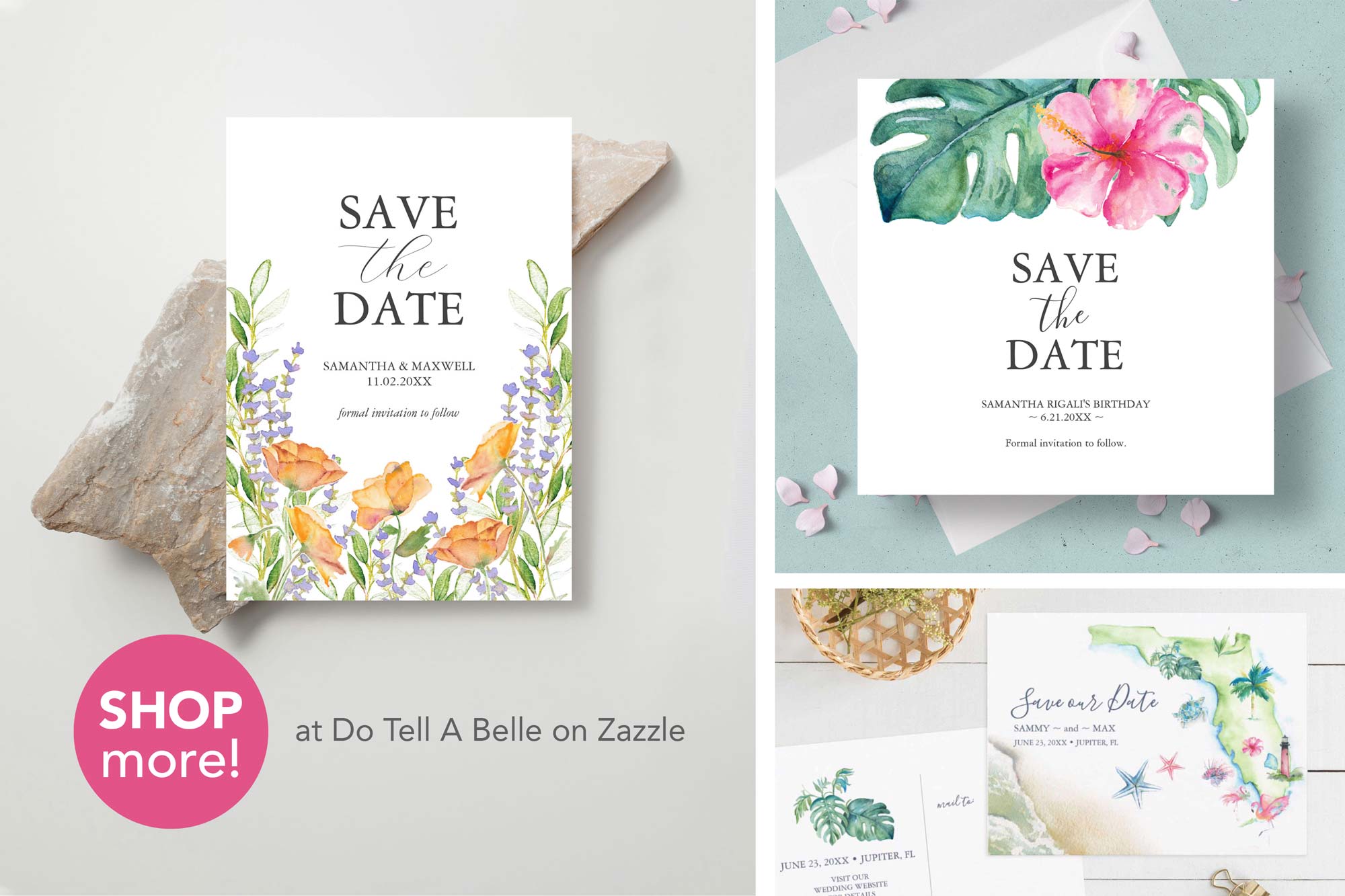watercolor save the date cards feature unique art by artist Victoria Grgialiunas of Do Tell A Belle. Click to shop the full line. 