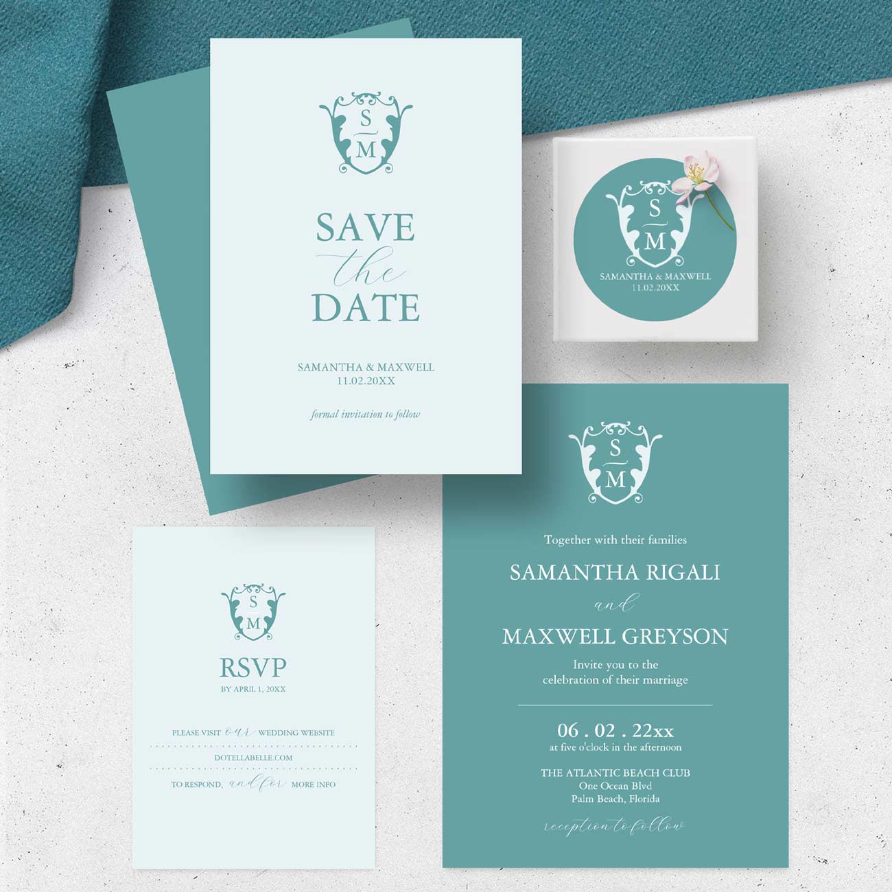 This simple design features wedding stationery with your custom monogram in cool colors of blue and green. Choose one color or mix and match. Click the image to shop the full line.