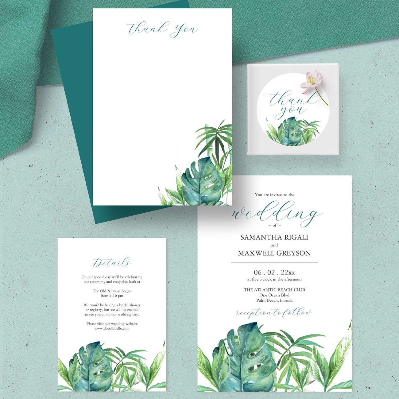 Tropical destination wedding theme features unique palm leaf watercolor art by Victoria Grigaliunas of Do Tell A Belle. Click the image to shop the full line.