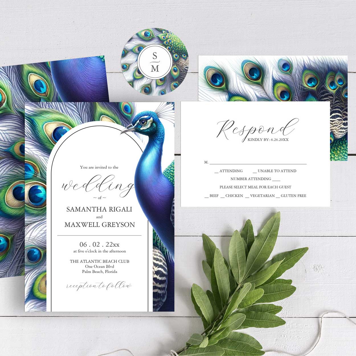 Peacock wedding invitation theme. Click to see more from this collection on Zazzle.