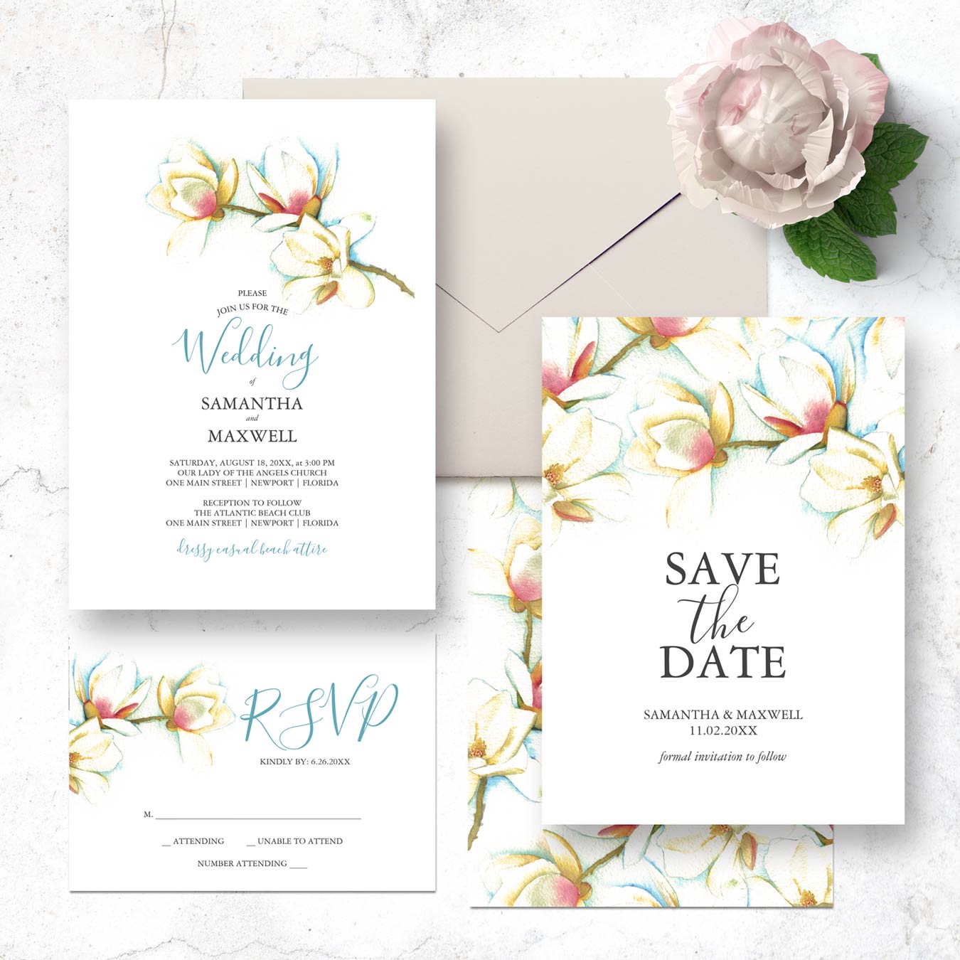 Wedding invitations template features watercolor white magnolia flowers art by Victoria Grigaliunas. Click the image to shop this line.