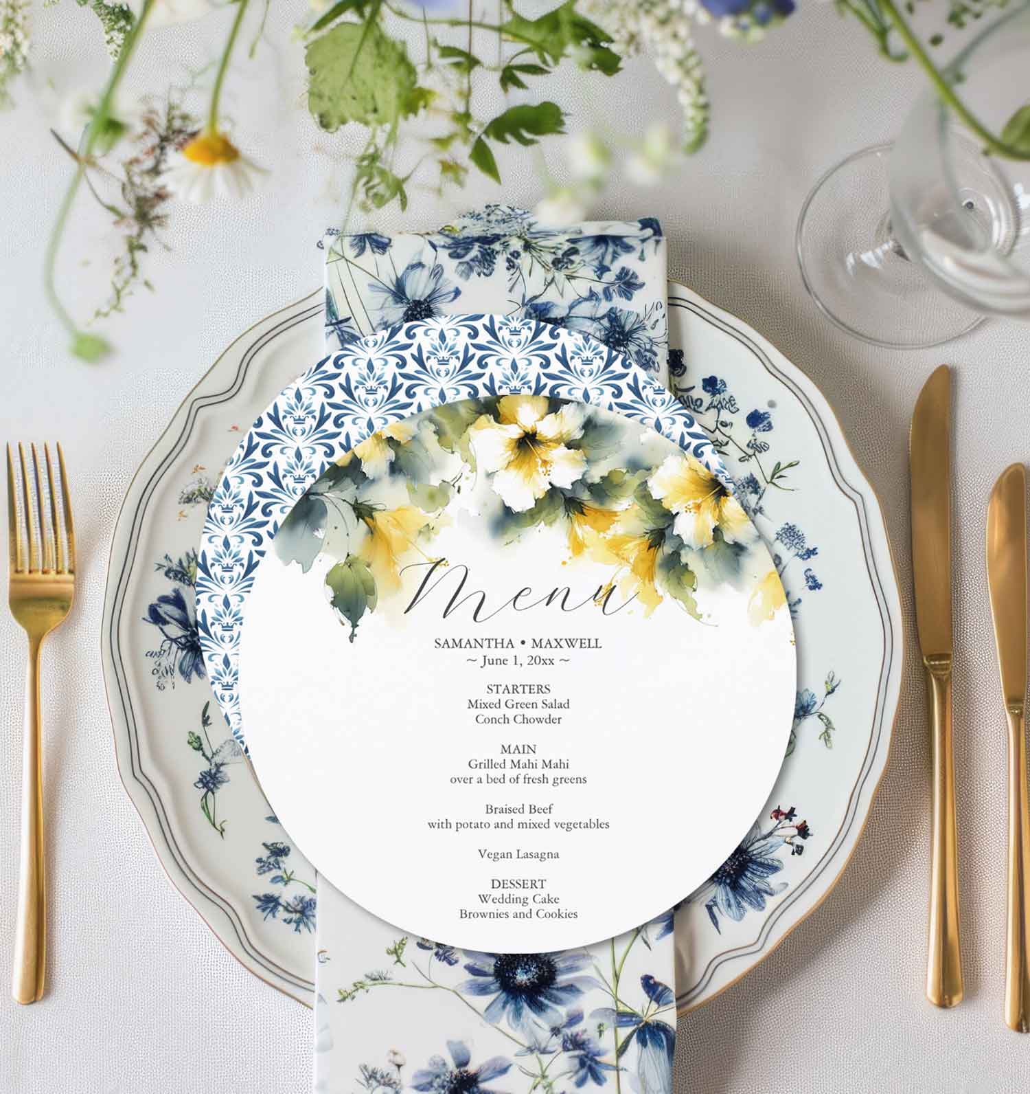 wedding menu card features watercolor hibiscus flowers in shades of yellow. The card reverses to an ornate blue pattern. Perfect for weddings and bridal showers. Click to explore our bridal shower suite. 