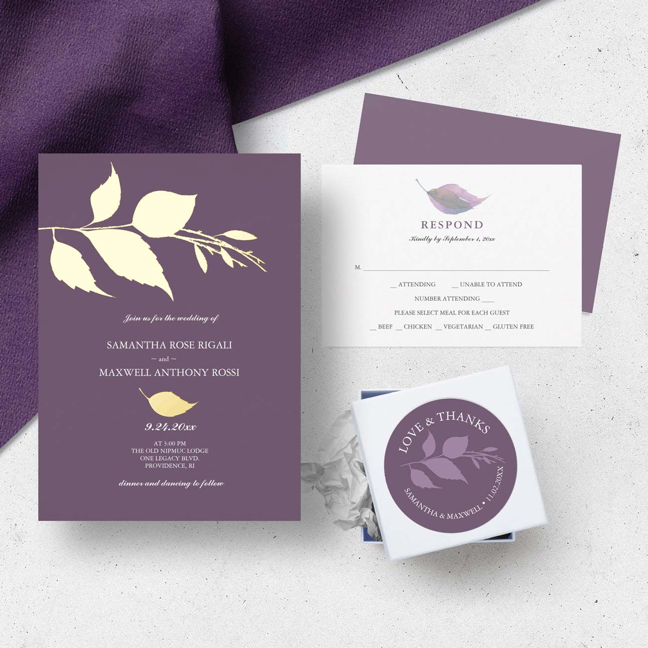 Elegant purple wedding invitation theme features leaf art by Victoria Grigaliunas of Do Tell A Belle. Tap the image to shop the complete line.