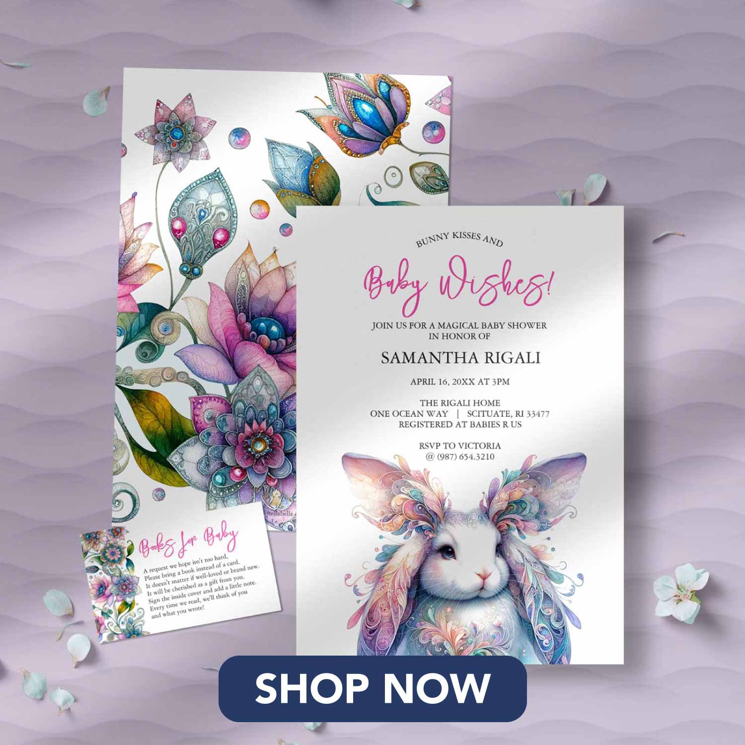 spring baby shower invitations feature a mystical bunny in watercolor shades of pastel purple, pink and lavender purple. The card reverses to reveal a unique watercolor pattern. Click to explore more.