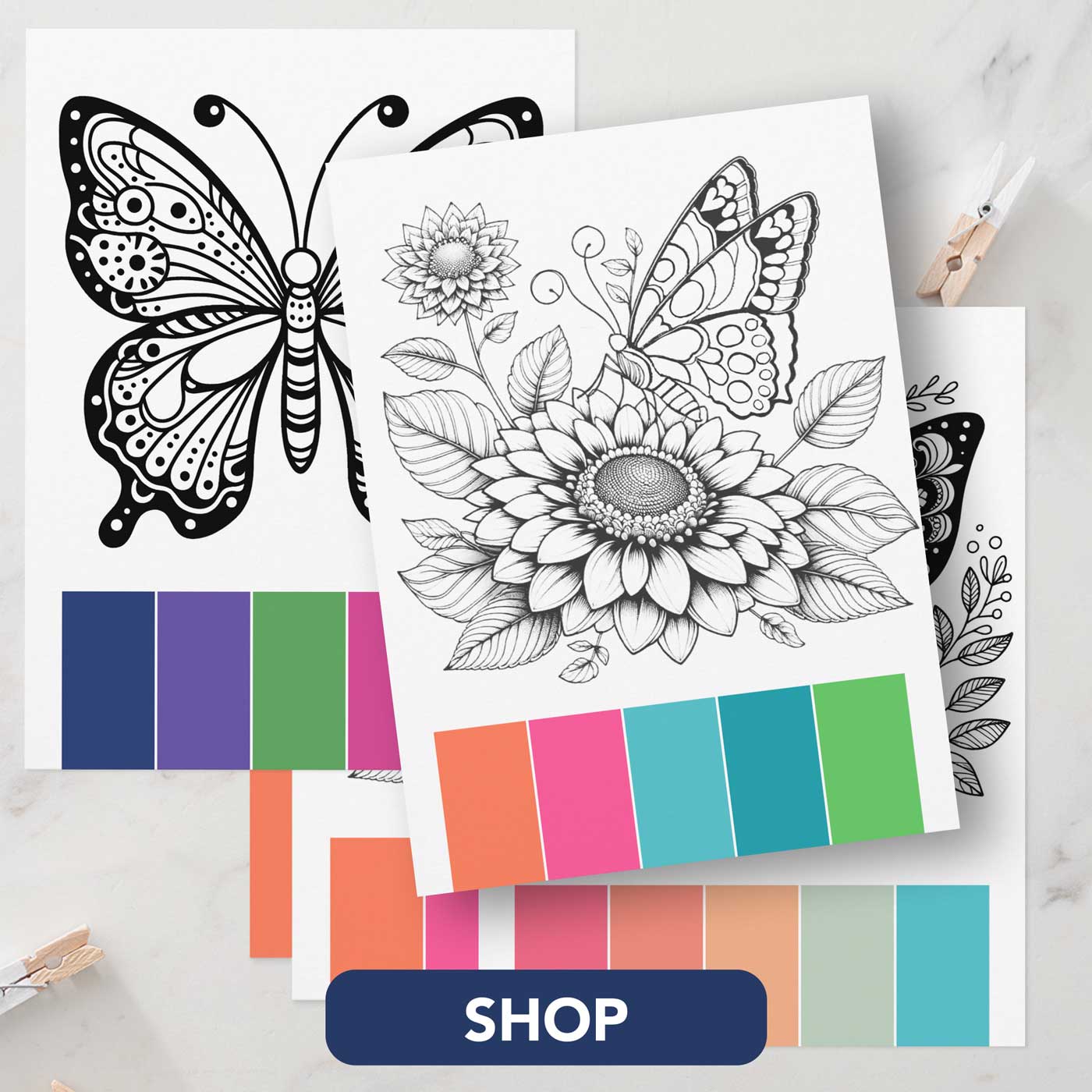 Butterfly coloring pages for adults with color schemes. Click to shop.
