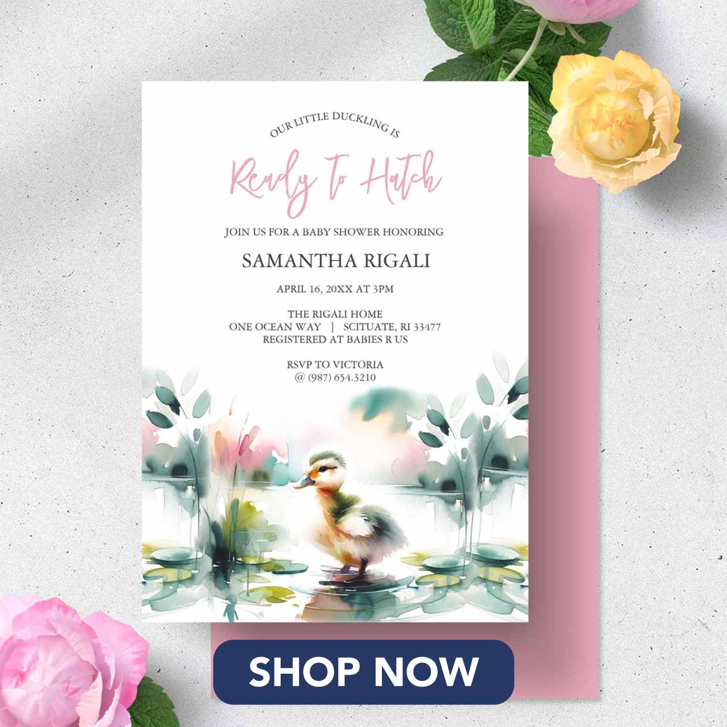 duck baby shower invitations feature a cute watercolor duckling design. Click to shop.