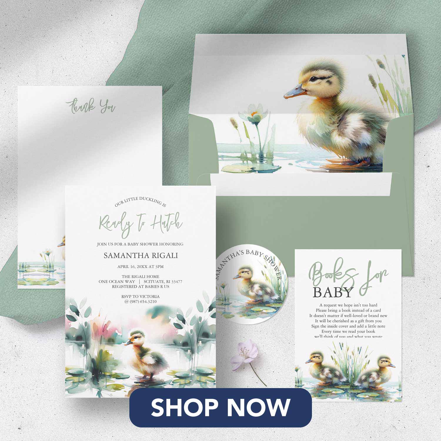 Duck baby shower invitations and stationery. Click to shop.