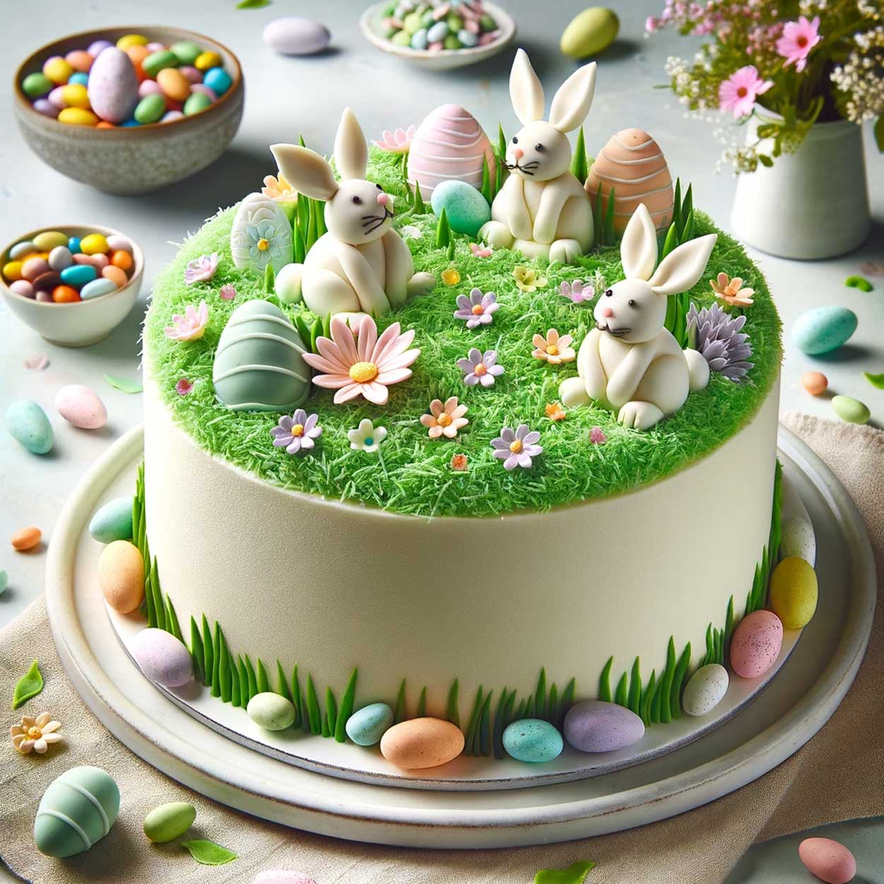 Easter dessert recipes features a bunny garden cake that is a charming centerpiece for a baby shower.