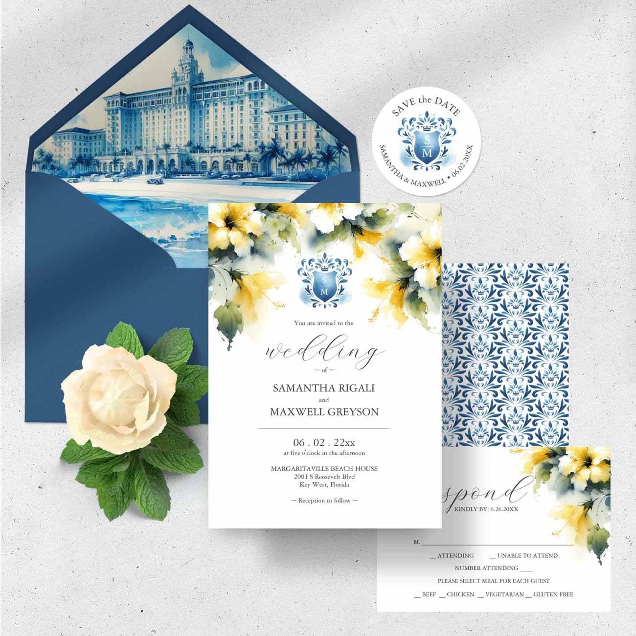 Destination wedding invitations with venue envelope liner yellow hibiscus flowers blue monogram. Click to shop more. 