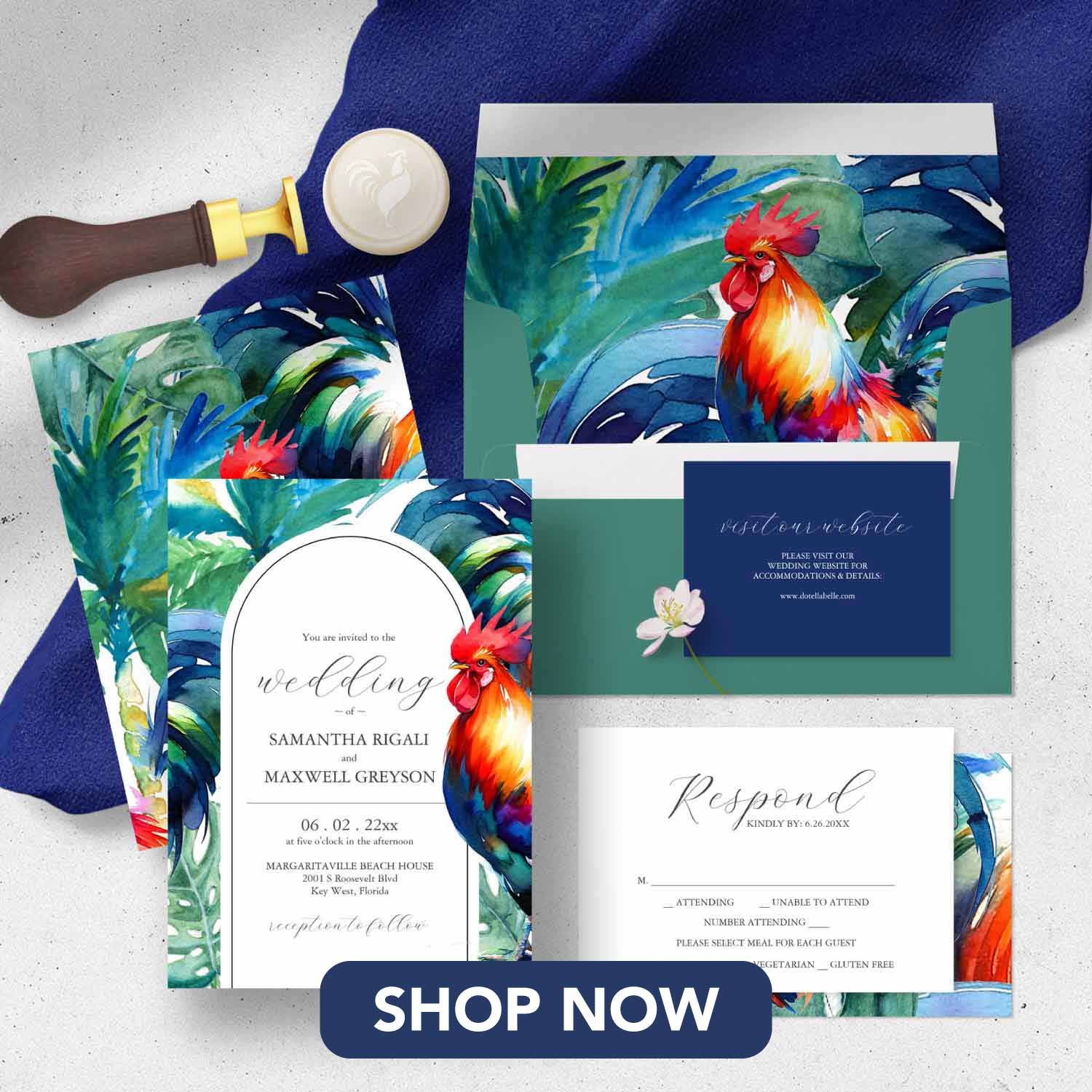 Destination wedding invitations Florida keys or key west design by Victoria Grigaliunas of Do Tell A Belle.