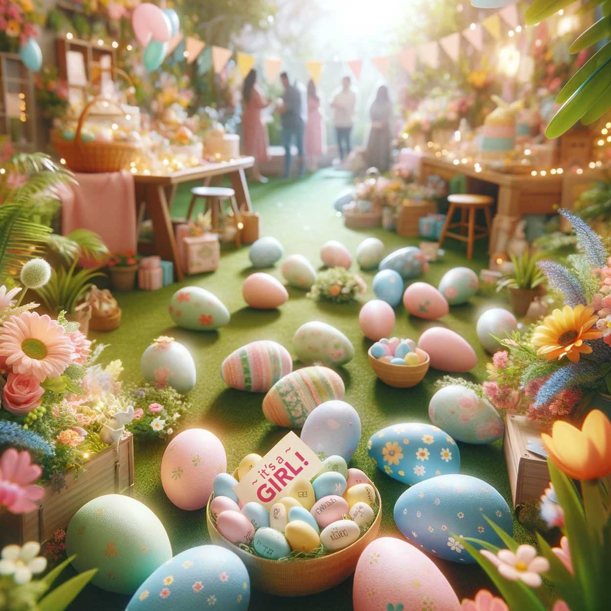Spring baby shower game ideas features a gender reveal Easter egg hunt. 