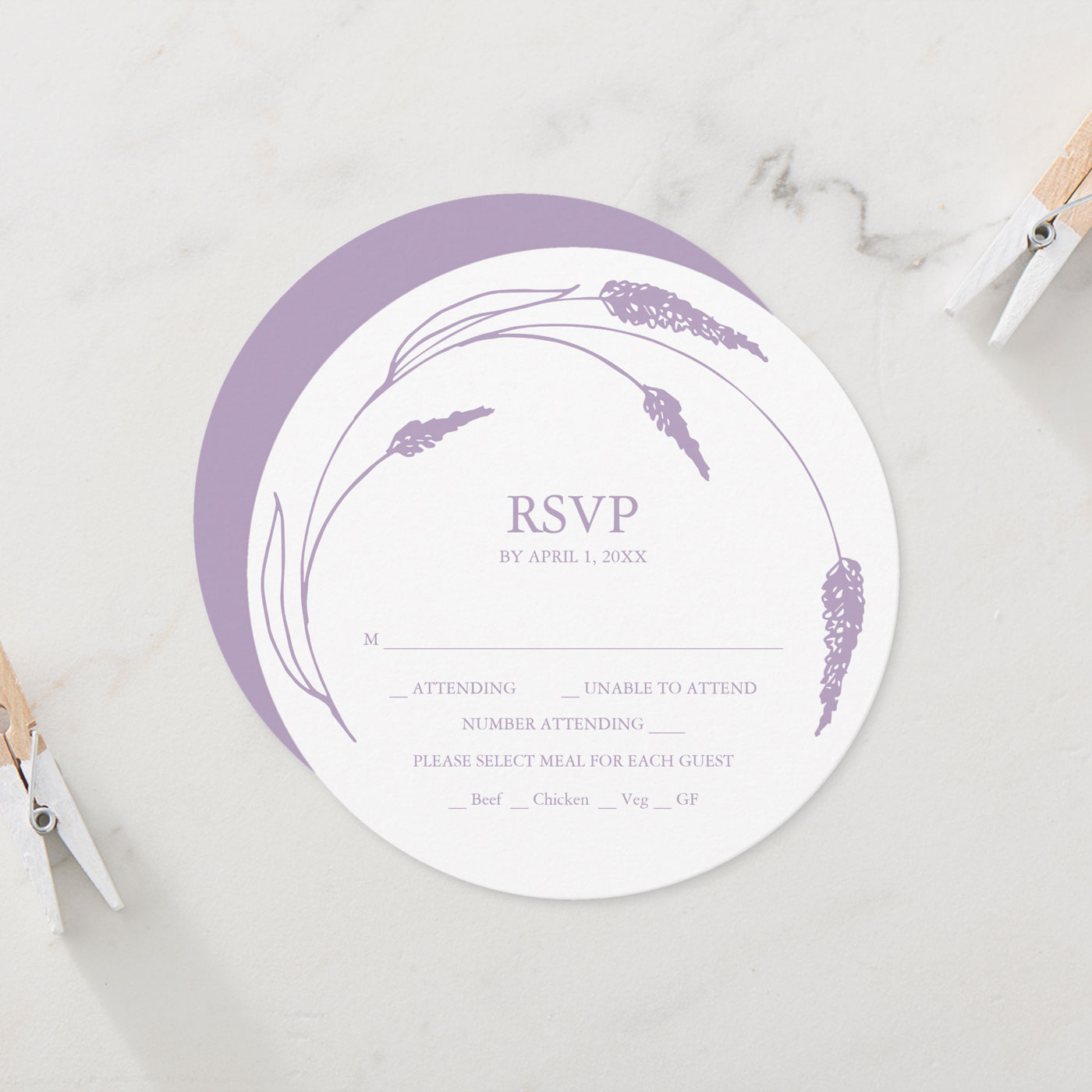 lavender rsvp card in a unique round format. Click to shop.