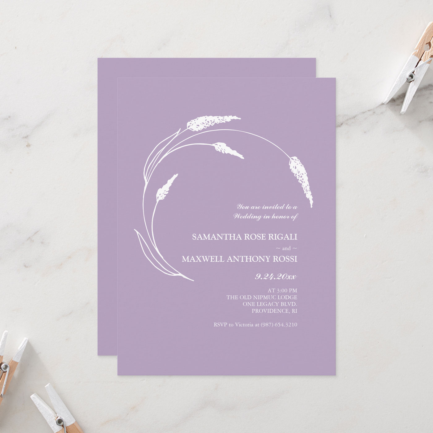 Purple wedding invitation features unique lavender line art by Victoria Grigaliunas of Do Tell A Belle. Click the image to shop.