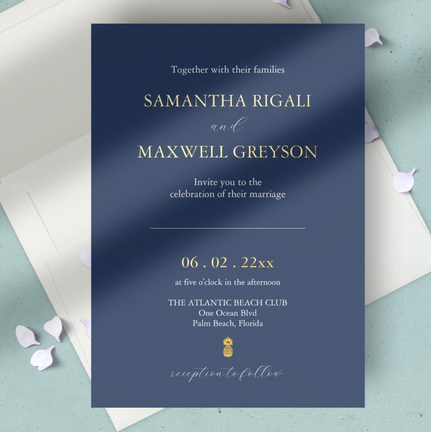 Equal Partnership Style: "[Bride's Full Name]
and
[Groom's Full Name]
joyfully invite you to their wedding
on [Date]
at [Venue]
[Address]
[City, State]
Celebration to follow"