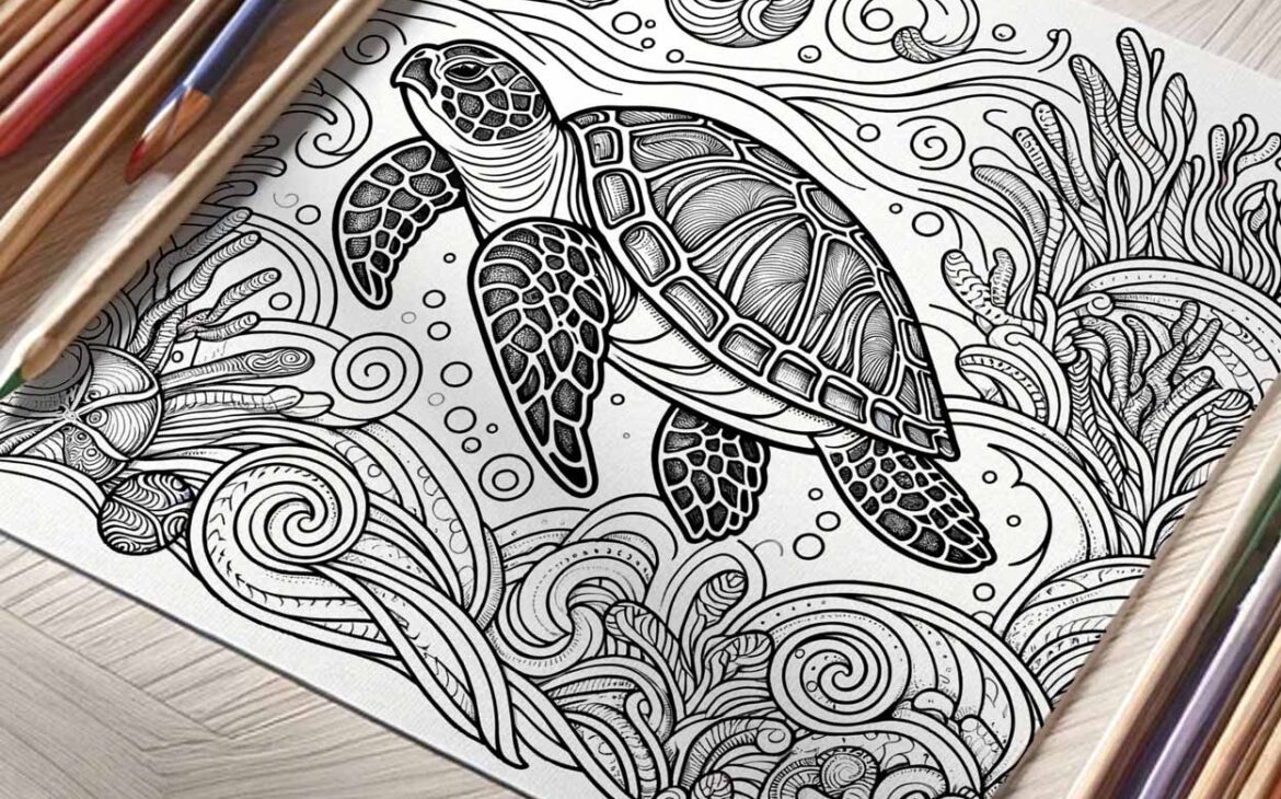 Sea turtle adult coloring pages. Order printed or printable files. Click to shop.