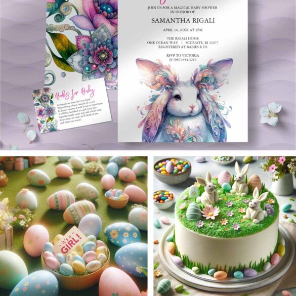 Spring baby shower ideas featuring an Easter bunny theme. Perfect for a gender reveal.