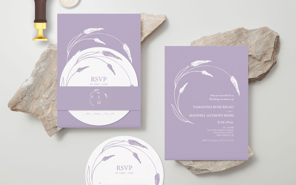 Stacked Wedding Invitations Lavender Line Art