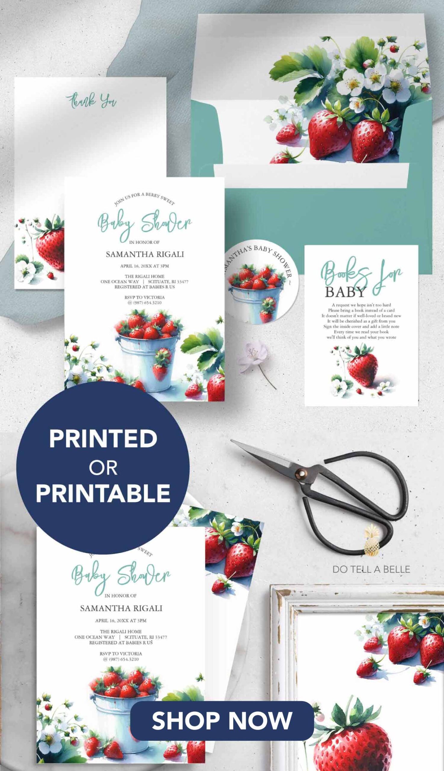 Berry sweet baby shower theme features watercolor strawberries invitations, book for baby card, sticker, thank you card and envelope. The cards revers to reveal strawberry art that can be framed. Order printed invitations or printable files. Click to shop.