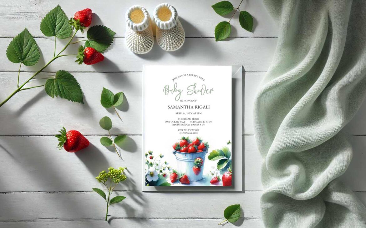 Summer baby shower invitations feature watercolor strawberries. Click to shop the complete theme.
