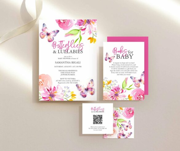 Girl baby shower invitations butterflies and lullabies theme pink flowers.