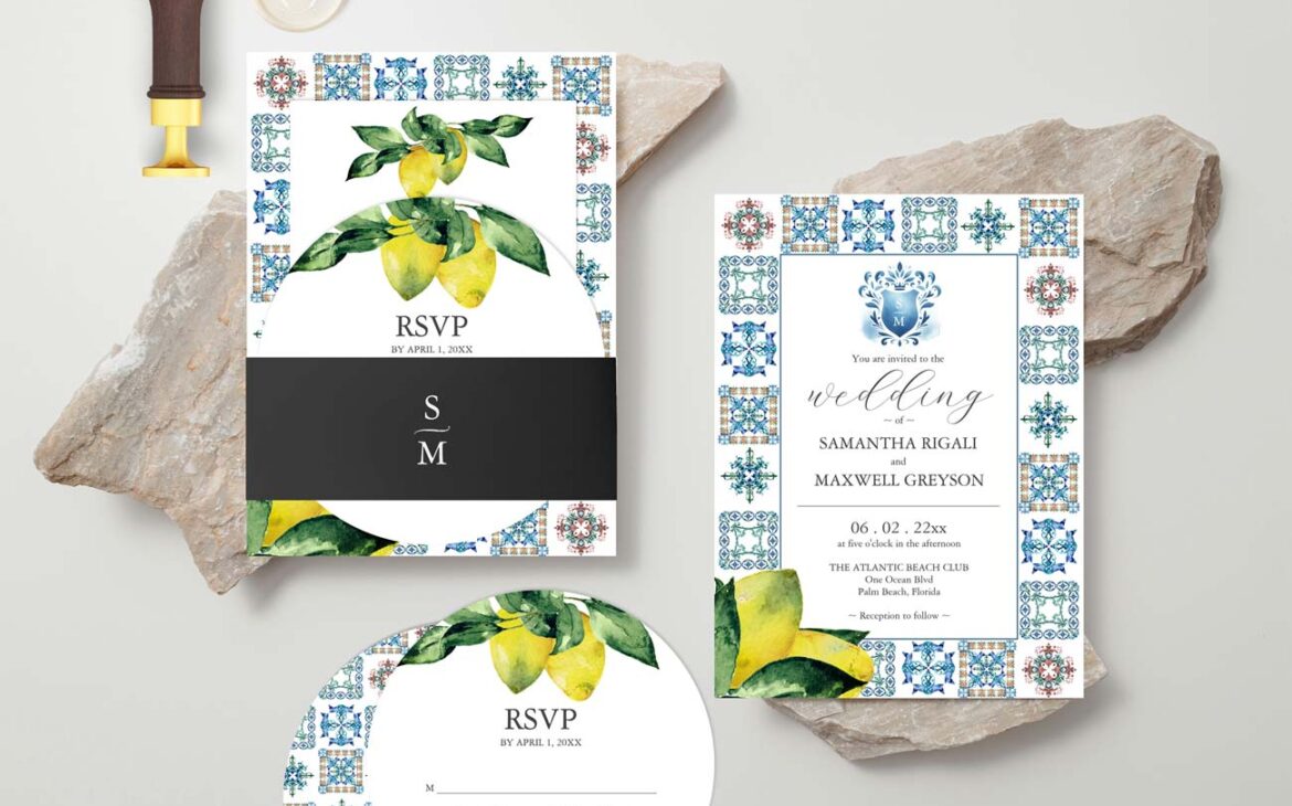 Stacked Wedding Invitations: Lemon & Amalfi Elegance