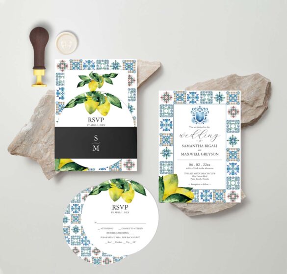 Stacked wedding invitations yellow lemons blue Amalfi tile.