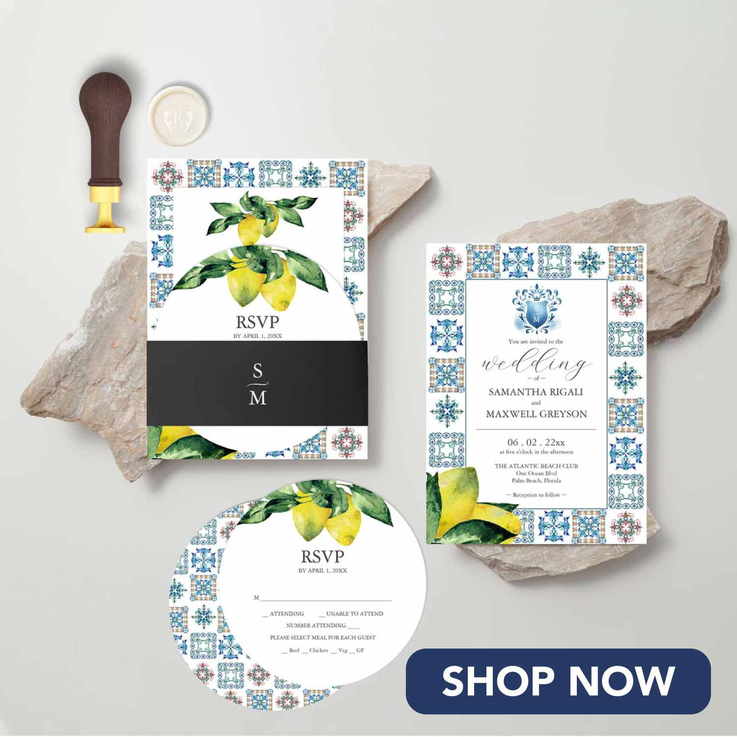 Stacked wedding invitations watercolor lemons and blue Amalfi tile design