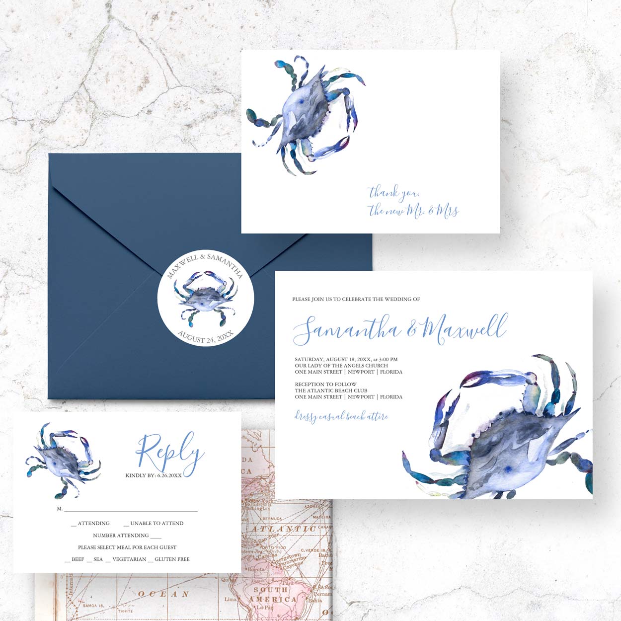 Beach wedding invitations theme watercolor crab in shades of blue. Click to shop the complete line. 