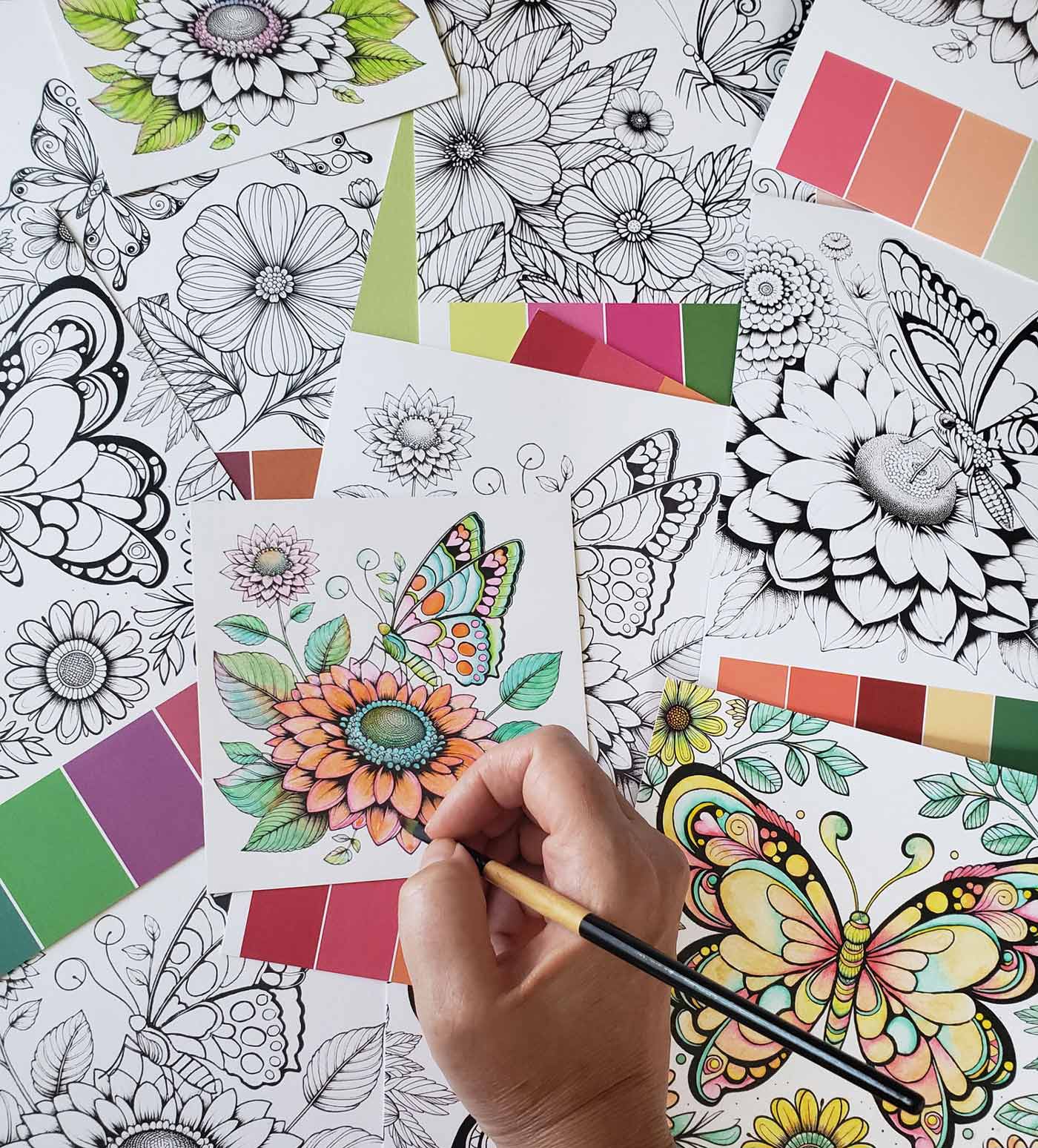 Butterfly coloring pages for adult coloring features a color matching system. These color cards are great for watercolor, magic markers, gel pens and colored pencils.