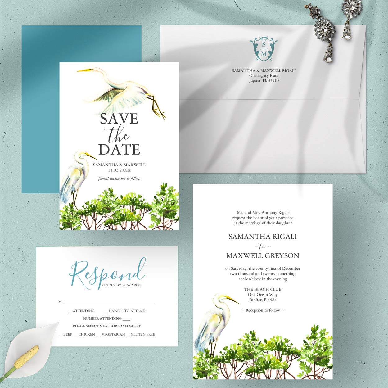 Florida destination wedding ideas. Key West and Tropical Keys wedding invitations watercolor great white heron and mangroves. Click to shop.