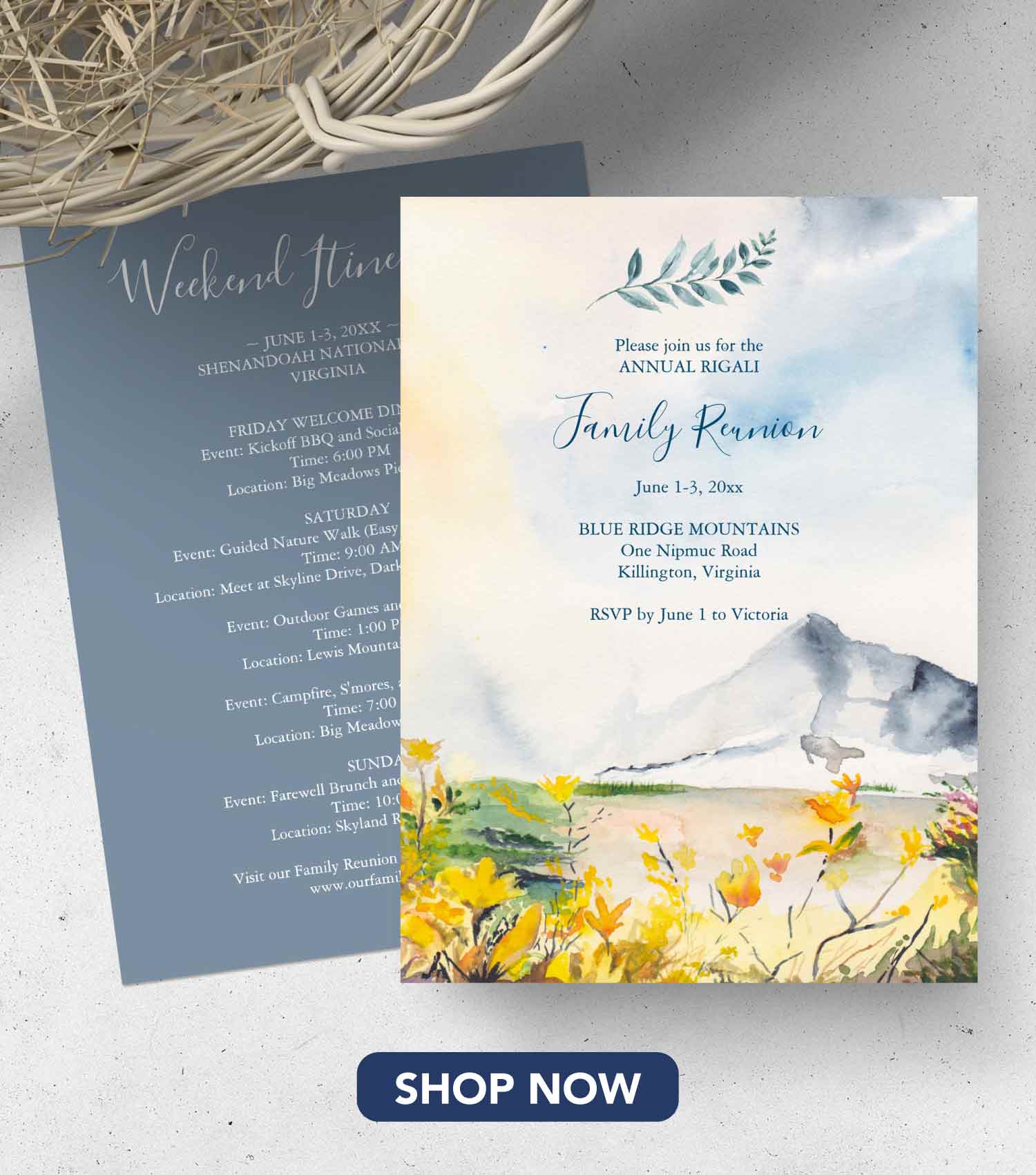 family reunion invitation ideas features exclusive watercolor mountain art by Victoria Grigaliunas. Click to shop more from this theme.