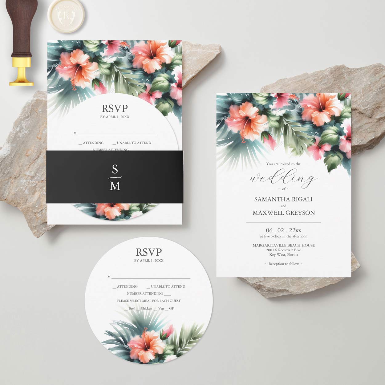 Stacked wedding invitations watercolor tropical hibiscus flowers peach. Click to shop the complete line. 