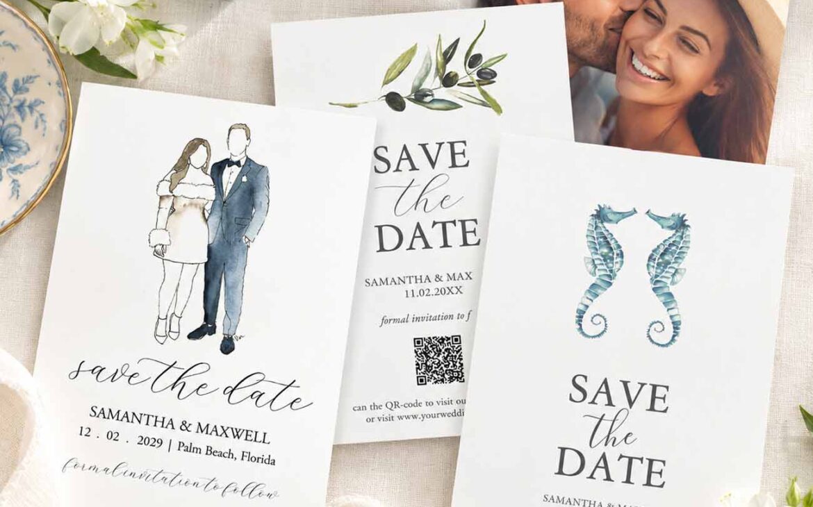 Collection of 5 x 7 save the dates featuring hand-painted watercolor couple portrait, olive branch and blue seahorse designs.