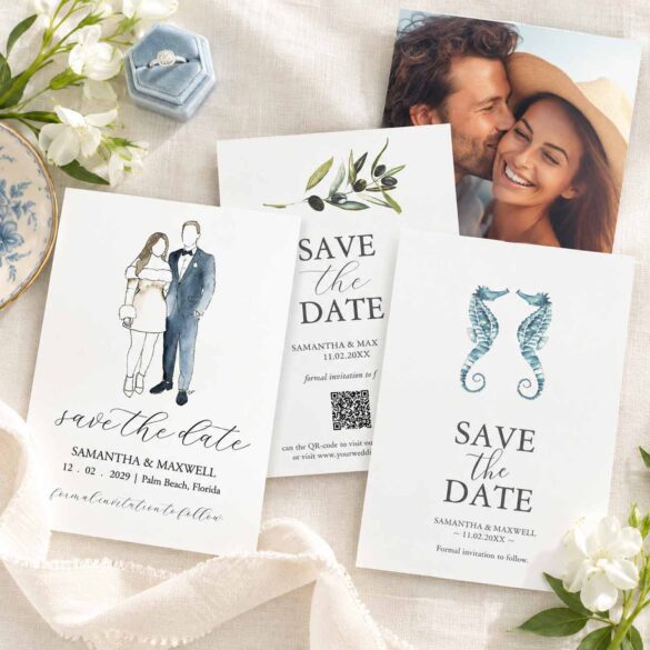 Collection of 5 x 7 save the dates featuring hand-painted watercolor couple portrait, olive branch and blue seahorse designs.