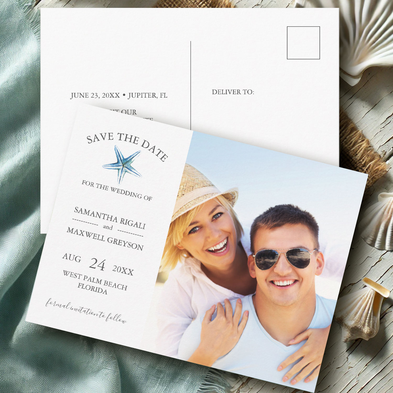 Photo save the date postcard featuring personalized wedding details and original hand-painted watercolor artwork.