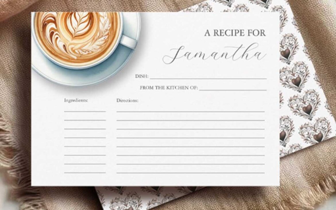 Tap the image to shop these bridal shower recipe cards featuring a love is brewing theme.